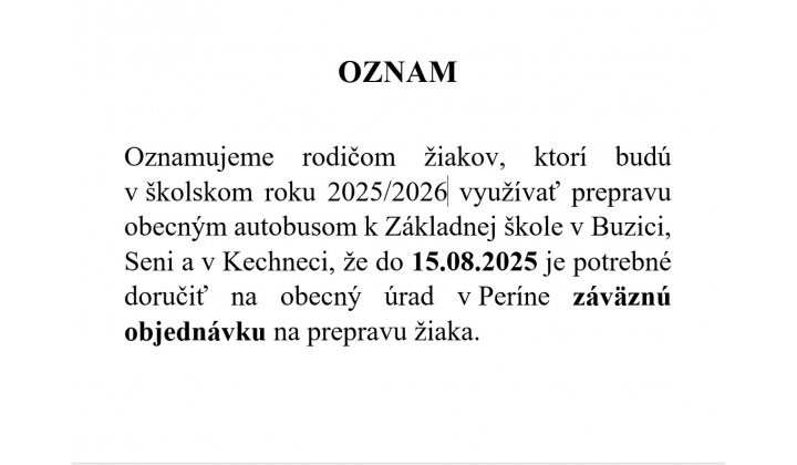 objednávka na prepravu žiaka do ZŠ