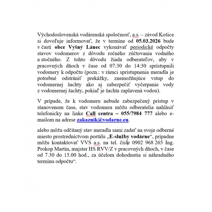 Odpočet stavov vodomerov vo Vyšnom Lánci