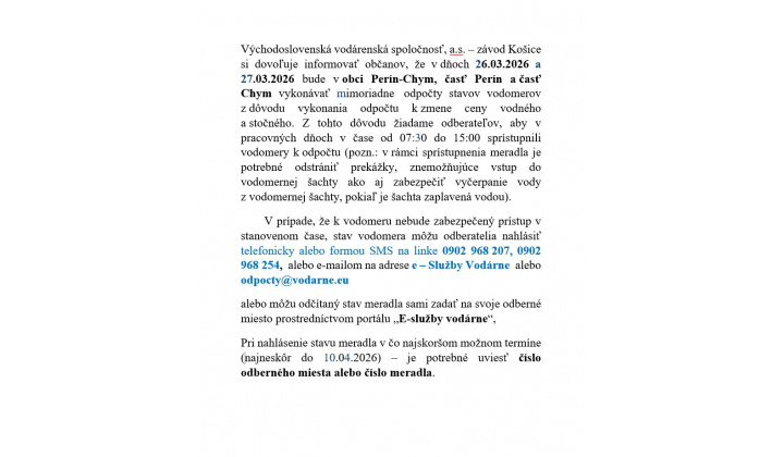 Odpočty stavov vodomerov v Períne a v  Chyme