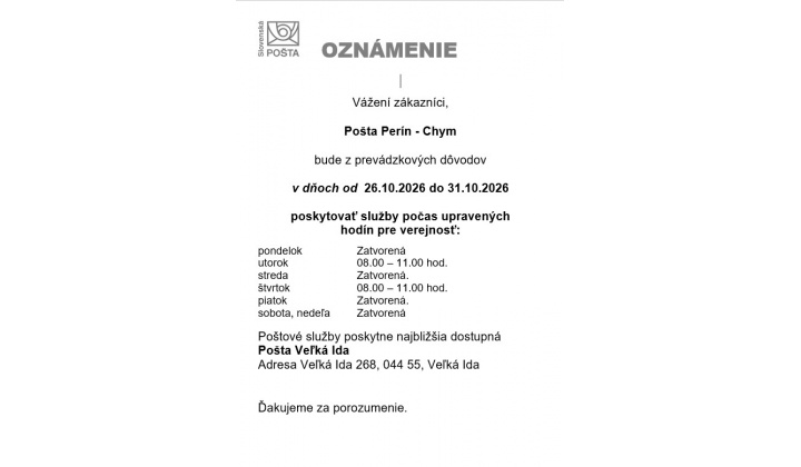 Otváracie hodiny na Pošte v Períne - ZMENA
