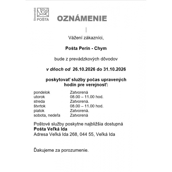 Otváracie hodiny na Pošte v Períne - ZMENA