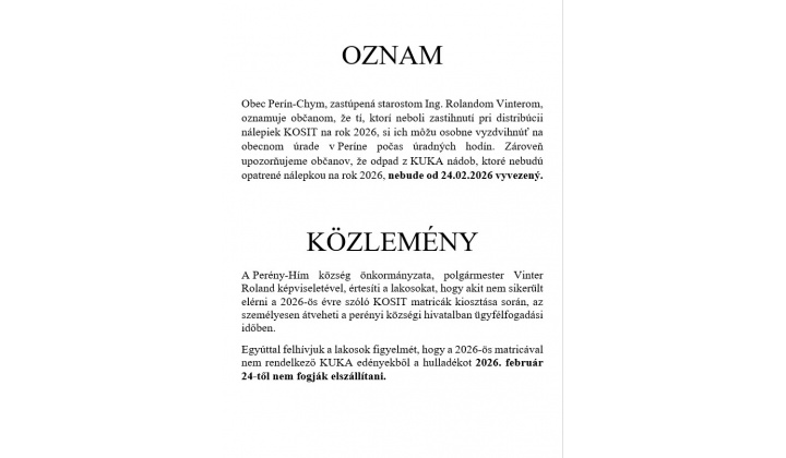 Oznam o nálepkách na komunálny odpad