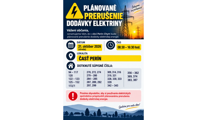 Oznámenie o prerušení dodávky elektriny - 21. 10. 2026