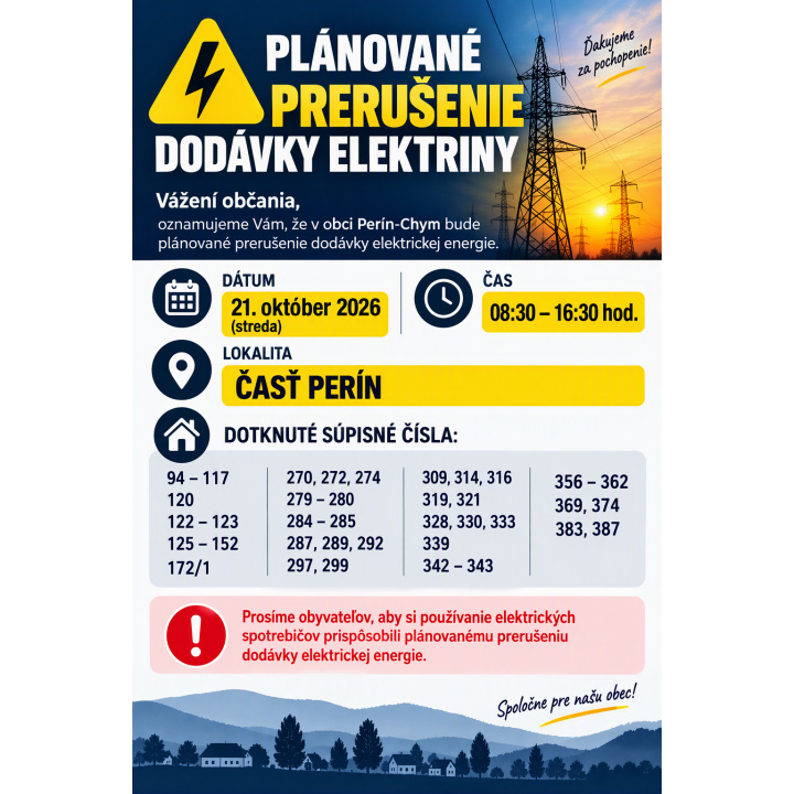 Oznámenie o prerušení dodávky elektriny - 21. 10. 2026