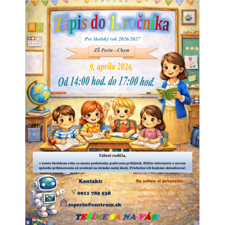 Zápis do 1. ročníka pre školský rok 2026/2027